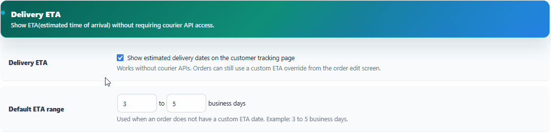 Enabling TrackForge ETA and setting the default business-day range.