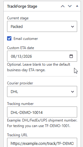 Setting a custom ETA date on the WooCommerce order edit screen.