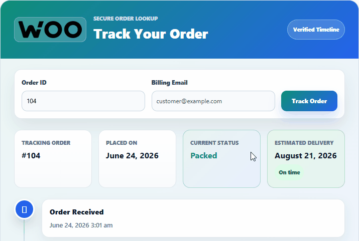 Customer tracking page showing the estimated delivery card.