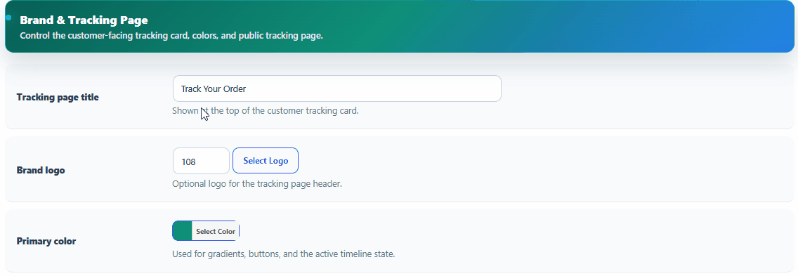 Changing TrackForge brand title, color, logo, and timeline style in settings.