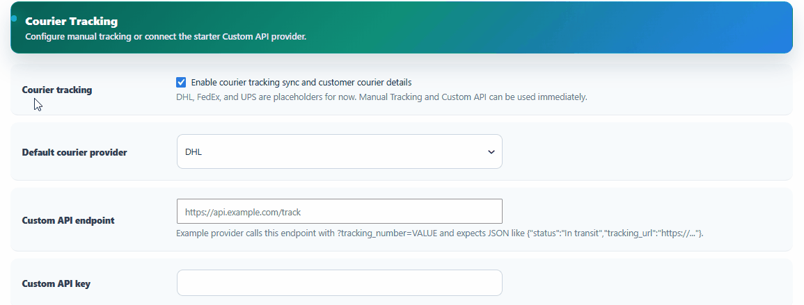 Configuring TrackForge courier tracking settings in the admin panel.