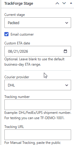 Adding courier provider, tracking number, and tracking URL on the order edit screen.
