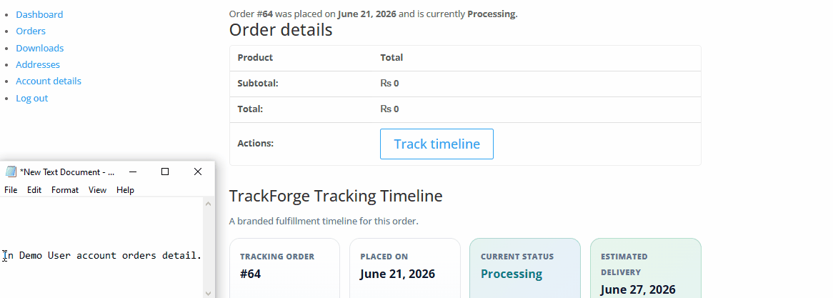 Customer view with external courier tracking link and status details.