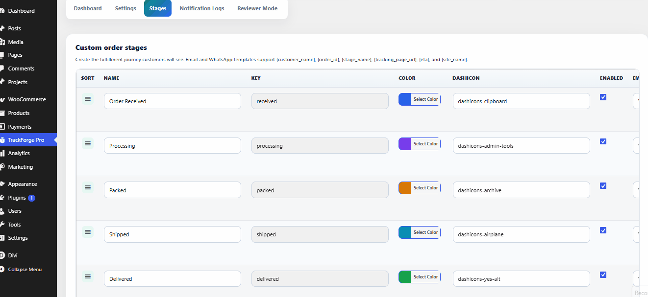 Creating custom TrackForge fulfillment stages in the admin screen.