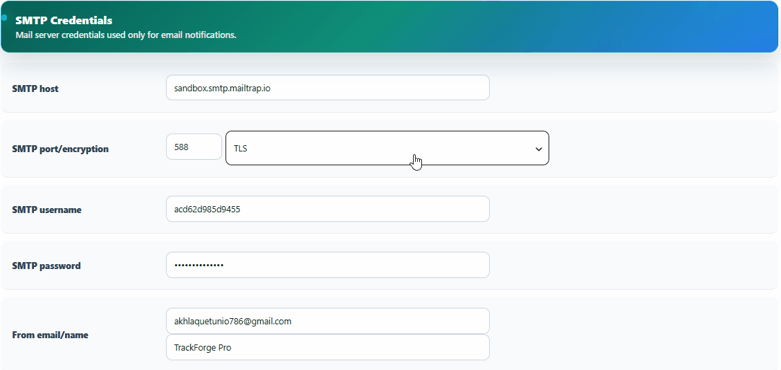 Configuring TrackForge SMTP email settings in the admin panel.