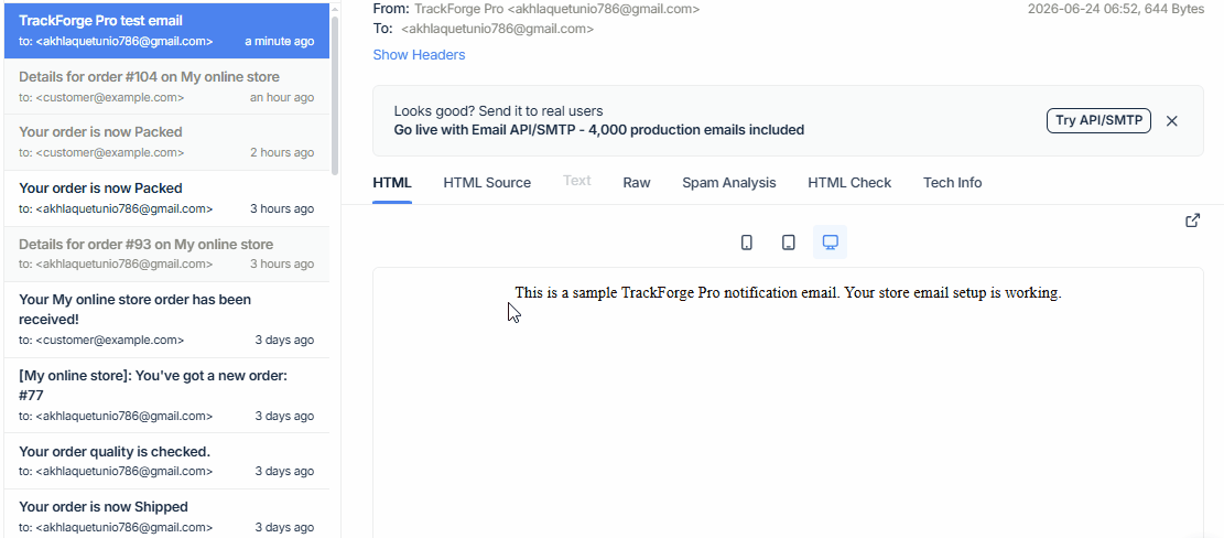 Email test result recorded in TrackForge notification logs.