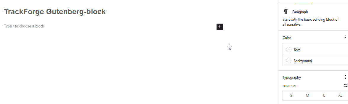 Adding the TrackForge Tracking Portal block in the WordPress editor.