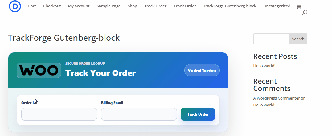Published frontend tracking portal rendered from the Gutenberg block.