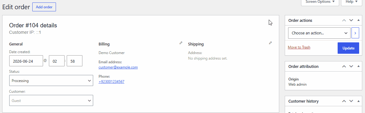 Updating the TrackForge stage from the WooCommerce order edit screen.
