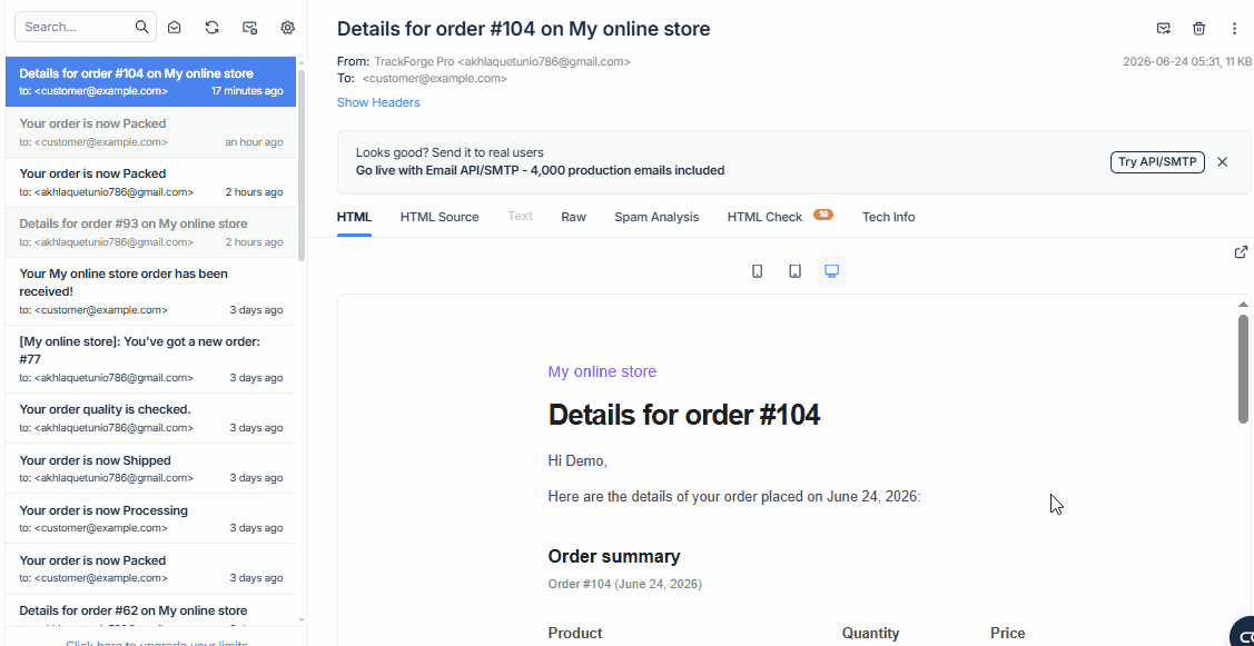 TrackForge order action sending a customer email and recording the result.