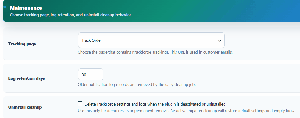 TrackForge Pro admin settings selecting the secure customer tracking page.