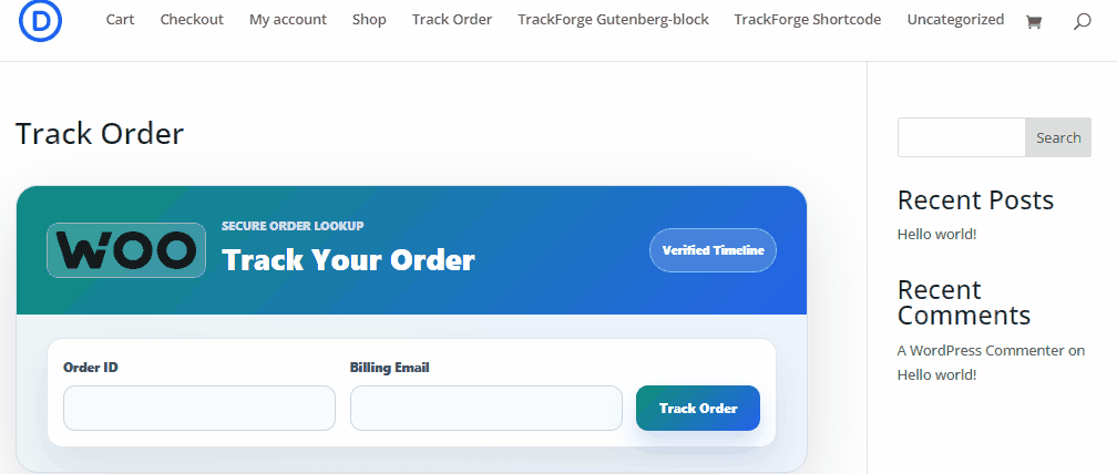 Customer enters order ID and billing email to reveal the TrackForge timeline.