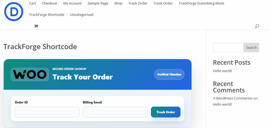 Frontend tracking portal rendered from the TrackForge shortcode.