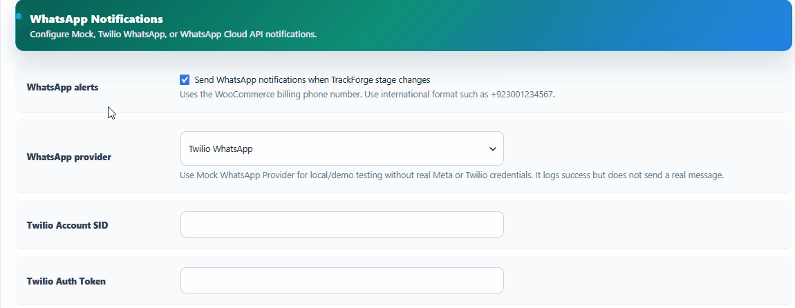 Selecting WhatsApp provider settings in TrackForge Pro.