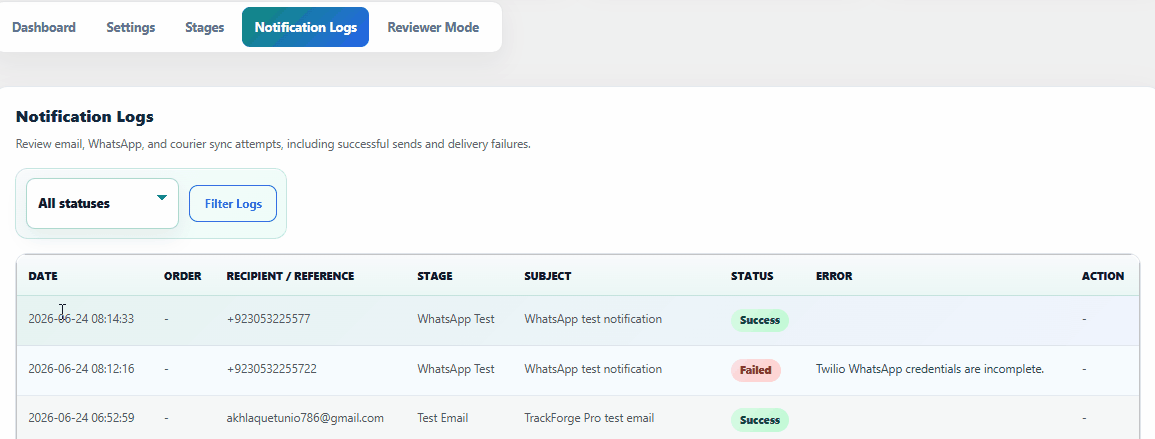 Sending and logging a TrackForge WhatsApp test notification.